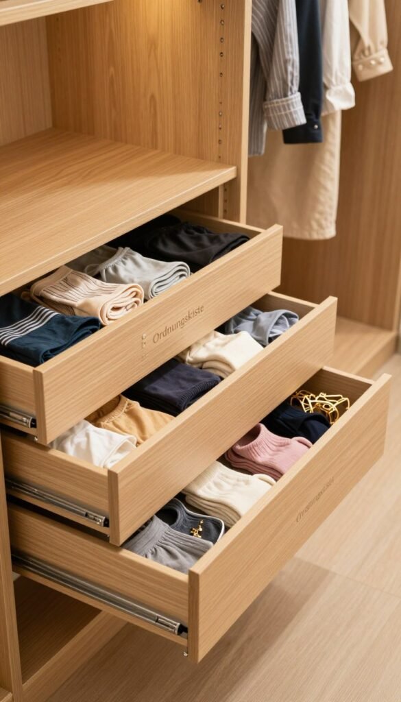 A beautifully organized closet featuring a "Ordnungskiste" drawer organizer. In the foreground, display the open drawers filled with neatly folded underwear, socks, and accessories, arranged by color for a pop of contrast. The middle area presents the sleek, modern design of the wardrobe&rsquo;s interior, with soft, warm lighting enhancing the natural wood tones. In the background, a hint of garments can be seen, hung neatly on stylish hangers. The scene should evoke a sense of tranquility and order, with a Pinterest-inspired aesthetic that feels authentic and warm. Capture the image from a slightly elevated angle to showcase the interior organization, ensuring no text, logos, or distractions are included.