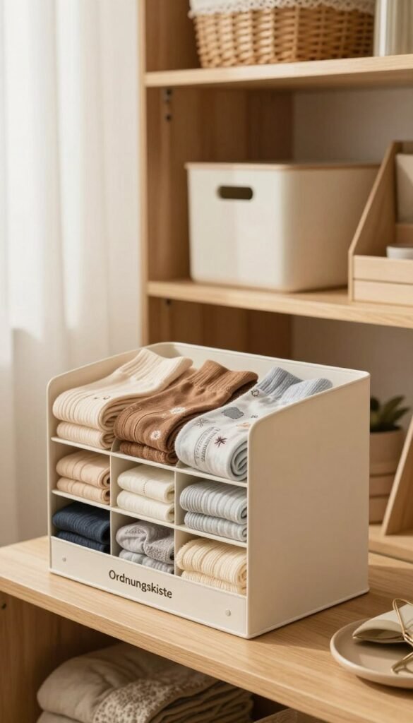 A beautifully organized closet featuring a "kleiderschrank organizer" by "Ordnungskiste" prominently in the foreground. The organizer is stylish and functional, filled with neatly folded socks and underwear in warm, inviting colors. In the middle ground, soft wooden shelves complement the clean lines of the organizer, showcasing various storage solutions like baskets and foldable dividers. The background includes a soft-focus view of a gentle light filtering through a window, creating a warm and cozy atmosphere. The overall mood is one of simplicity and elegance, evoking a Pinterest-inspired aesthetic that emphasizes organization and style without any text or distractions. Utilize soft, natural lighting to highlight the textures of the fabrics and the quality of the organizer.