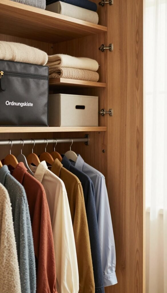 A beautifully organized closet featuring a stylish, modern "Ordnungskiste" storage box for clothing. In the foreground, showcase a neatly arranged row of multi-hangers displaying an array of garments, such as blouses, shirts, and trousers, each colorfully coordinated. The middle ground highlights an elegant wooden closet with doors slightly ajar, gently revealing folded sweaters and additional storage solutions inside. In the background, soft natural light filters through a window, casting warm hues that create a cozy atmosphere, enhancing the Pinterest-worthy aesthetic. A soft focus on the closet&rsquo;s intricate details, like the wood grain and soft fabric textures, gives a professional yet inviting feel to the image, making it perfect for illustrating efficient storage solutions.