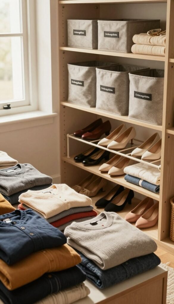 A beautifully organized closet featuring a variety of storage solutions from the brand "Ordnungskiste." In the foreground, neatly folded clothes, color-coordinated and stacked on open shelves, convey a sense of order. In the middle, a stylish shoe rack displaying elegant footwear adds an element of sophistication. The background showcases an assortment of labeled bins, highlighting versatile storage options for accessories. The overall scene is illuminated by warm, natural light filtering through a nearby window, creating a cozy atmosphere. The composition is presented from a slightly elevated angle, emphasizing the depth and organization of the closet. The aesthetic is reminiscent of popular Pinterest images, featuring earthy tones and inviting textures, evoking a feeling of harmony and functionality without any text or distractions.