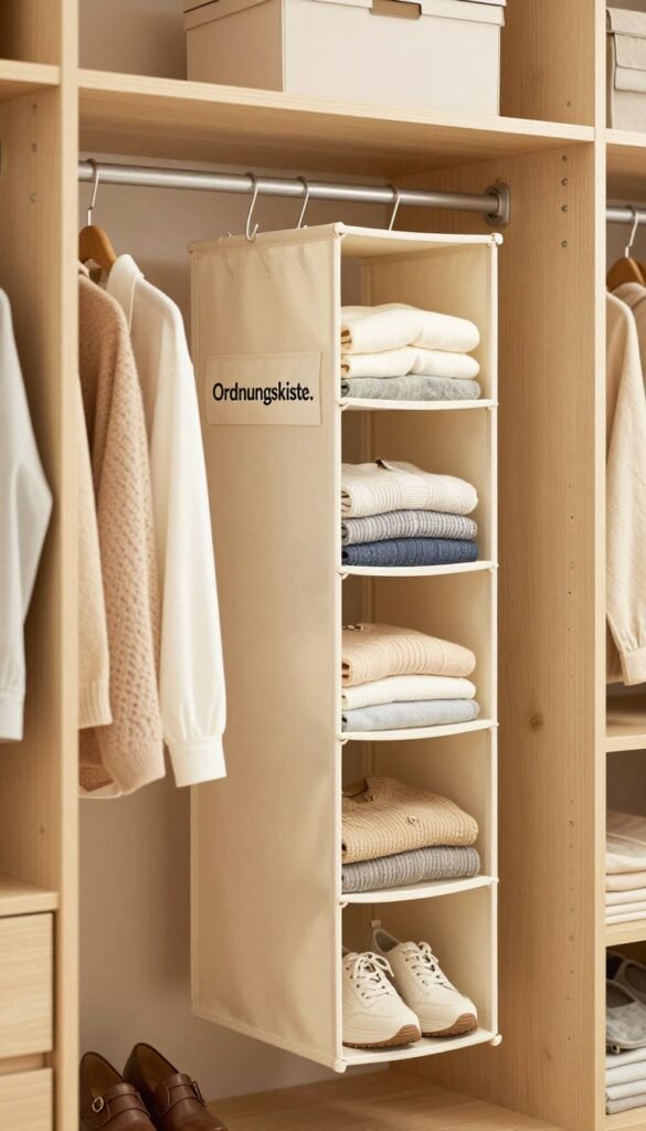 A beautifully organized closet featuring a vertical hanging storage solution branded "Ordnungskiste." The foreground showcases various compartments filled with neatly folded clothes, shoes, and accessories, all in soft, warm colors that create an inviting and cozy atmosphere. In the middle, the hanging organizer hangs from a well-structured closet rail, with visible hooks and shelves, emphasizing functionality and efficient space usage. The background shows a softly blurred closet interior, showcasing wooden textures and ambient lighting. The overall mood is tidy, stylish, and practical, capturing a Pinterest-worthy aesthetic without any text or distractions. The scene should evoke a sense of organization and ease in one’s everyday life. A beautifully organized closet featuring a vertical hanging storage solution branded "Ordnungskiste." The foreground showcases various compartments filled with neatly folded clothes, shoes, and accessories, all in soft, warm colors that create an inviting and cozy atmosphere. In the middle, the hanging organizer hangs from a well-structured closet rail, with visible hooks and shelves, emphasizing functionality and efficient space usage. The background shows a softly blurred closet interior, showcasing wooden textures and ambient lighting. The overall mood is tidy, stylish, and practical, capturing a Pinterest-worthy aesthetic without any text or distractions. The scene should evoke a sense of organization and ease in one’s everyday life.