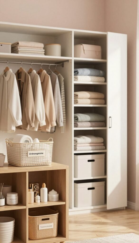 A beautifully organized closet featuring creative storage solutions, showcasing neat compartments filled with neatly folded clothes, stylish accessories, and labeled bins. In the foreground, a modern, elegant wooden shelving unit holds common household items in tidy arrangements, while a chic basket labeled "Ordnungskiste" adds a touch of warmth. The middle ground reveals an open closet door revealing the array of organized items, with soft natural light filtering through, casting gentle shadows. The background includes a calming pastel-colored wall, contributing to an inviting atmosphere. The scene is shot with a shallow depth of field, emphasizing the foreground items while maintaining a soft focus on the background. The overall mood is serene and orderly, reflecting the theme of space, time, and managing belongings effectively.