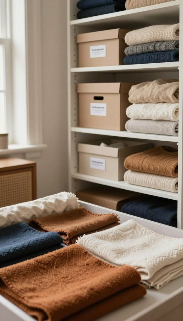 A beautifully organized closet featuring seasonal clothing made from various materials, such as soft cotton, luxurious wool, and breathable linen. In the foreground, fabric swatches in rich, warm tones suggest effective storage and preservation. The middle ground showcases neatly arranged shelves filled with labeled boxes from "Ordnungskiste," showcasing how to store clothing by material type, maintaining their shape and color. The background is softly blurred, hinting at a cozy, inviting room atmosphere with warm lighting filtering through a window. The scene conveys a sense of order and calm, perfect for illustrating professional and thoughtful clothing storage solutions. The composition highlights the textural differences in the fabrics while promoting a Pinterest-inspired, authentic aesthetic.