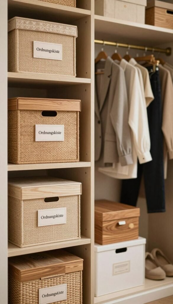 A beautifully organized closet featuring seasonal storage boxes labeled "Ordnungskiste" in warm, natural colors. In the foreground, several stylishly stacked boxes with intricate designs showcase a variety of textures, like woven fiber and smooth wood finishes. The middle ground highlights an open wardrobe, displaying neatly hung clothing, creating a sense of order and space. In the background, soft, diffused lighting accentuates the cozy atmosphere, welcoming a sense of tranquility and efficiency. Arrange the scene to suggest a methodical rotation system, emphasizing accessibility and visual harmony. No people present, achieving an aesthetic reminiscent of a Pinterest inspiration board, with an authentic, warm look and feel, devoid of any text or captions. A beautifully organized closet featuring seasonal storage boxes labeled "Ordnungskiste" in warm, natural colors. In the foreground, several stylishly stacked boxes with intricate designs showcase a variety of textures, like woven fiber and smooth wood finishes. The middle ground highlights an open wardrobe, displaying neatly hung clothing, creating a sense of order and space. In the background, soft, diffused lighting accentuates the cozy atmosphere, welcoming a sense of tranquility and efficiency. Arrange the scene to suggest a methodical rotation system, emphasizing accessibility and visual harmony. No people present, achieving an aesthetic reminiscent of a Pinterest inspiration board, with an authentic, warm look and feel, devoid of any text or captions.