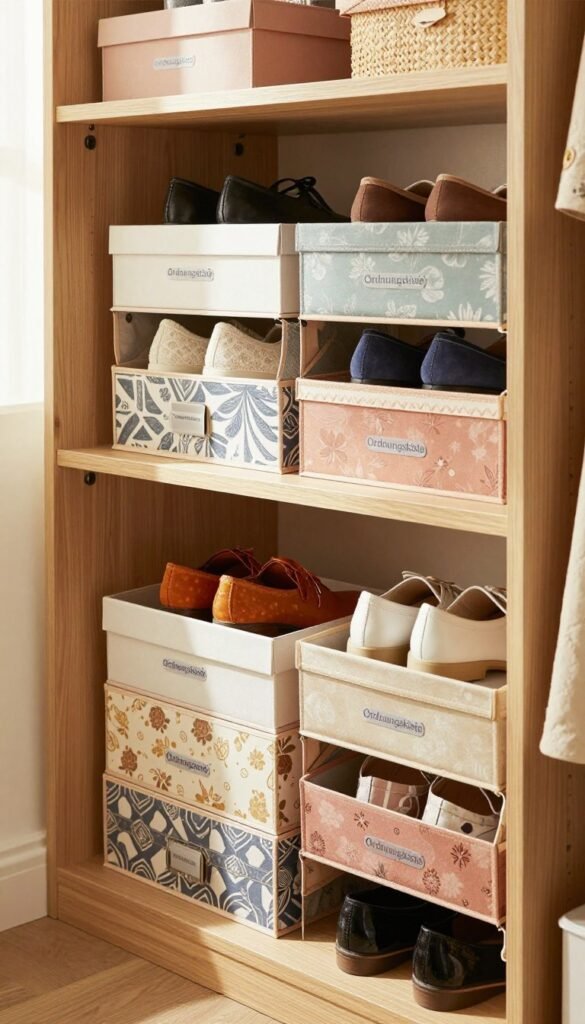 A beautifully organized closet featuring stylish shoe organizers, with a focus on "Ordnungskiste" brand boxes. In the foreground, neatly arranged shoe boxes in various colors and patterns, some partially opened to reveal vibrant shoes. The middle layer showcases a well-organized shelf with wooden elements that highlights the shoe organizers, creating a warm and inviting atmosphere. The background includes soft, natural lighting filtering through a window, enhancing the cozy feel of the space. The overall mood is serene and orderly, evoking a Pinterest-inspired aesthetic with warm tones and a touch of elegance, showcasing the practicality of shoe organizers in a well-kept home. No text or watermarks present. A beautifully organized closet featuring stylish shoe organizers, with a focus on "Ordnungskiste" brand boxes. In the foreground, neatly arranged shoe boxes in various colors and patterns, some partially opened to reveal vibrant shoes. The middle layer showcases a well-organized shelf with wooden elements that highlights the shoe organizers, creating a warm and inviting atmosphere. The background includes soft, natural lighting filtering through a window, enhancing the cozy feel of the space. The overall mood is serene and orderly, evoking a Pinterest-inspired aesthetic with warm tones and a touch of elegance, showcasing the practicality of shoe organizers in a well-kept home. No text or watermarks present.