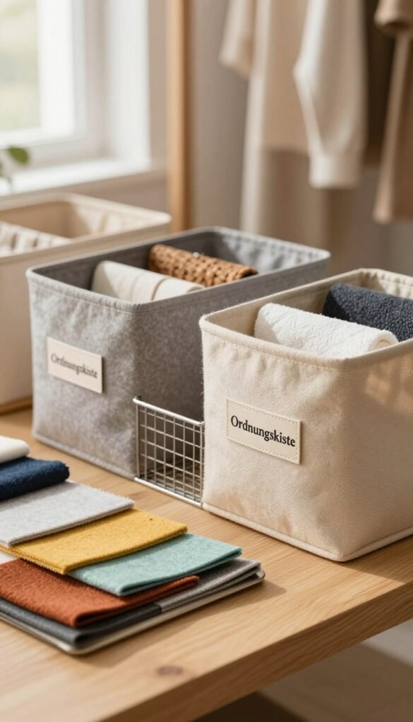 A beautifully organized closet featuring various materials for wardrobe organizers: vibrant and textured samples of plastic, felt, metal, cotton, and rattan displayed on a light wooden table in the foreground. The middle ground showcases stylish organizer bins labeled &ldquo;Ordnungskiste&rdquo; that blend seamlessly with the materials, emphasizing their functionality in busy mornings. The background is softly blurred, hinting at a cozy, sunlit room with light streaming through a window, enhancing the warm, inviting atmosphere. The shot is captured with a soft focus lens to create a Pinterest-inspired aesthetic, evoking a sense of calm and organization without any text or logos in the image.
