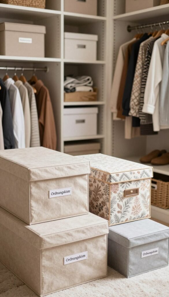 A beautifully organized closet interior featuring an assortment of stylish "Ordnungskiste" fabric boxes. In the foreground, prominently display three different types of boxes: a large, multi-compartment box in soft beige, a medium-sized decorative box in patterned fabric, and a small box in light gray. The middle section reveals a well-arranged closet with clothes neatly hung and shelves filled with additional boxes. In the background, soft, natural lighting filters through the closet, creating a warm and inviting atmosphere. Use a slightly elevated angle to capture depth, revealing the organized layout. The overall mood should be cozy and aesthetically pleasing, embodying a Pinterest-worthy look with rich textures and warm tones. No text, logos, or watermarks visible in the image.