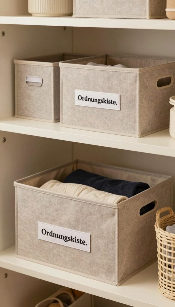 A beautifully organized closet scene showcasing a stylish fabric storage box labeled "Ordnungskiste," prominently placed on a neat shelf. The box features a soft texture with a cozy, warm color palette, such as beige and light gray, adding a touch of modern design. In the foreground, the box is partially open, revealing neatly folded clothes inside. The middle grounds exhibit other coordinating storage solutions, like smaller boxes and baskets, enhancing the sense of organization. The background features a softly blurred closet space, with a warm, ambient light illuminating the scene, creating a welcoming and inviting atmosphere. The image should evoke a sense of practicality and aesthetic appeal, ideal for everyday use.