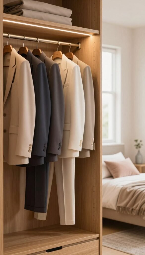 A beautifully organized closet showcasing a capsule wardrobe, featuring neatly hung professional business attire in warm, inviting colors. The foreground presents a stylish wooden wardrobe with sleek shelves holding a selection of versatile clothing pieces, including blazers, trousers, and elegant tops. In the middle, a soft, ambient light filters through a window, creating a cozy atmosphere that highlights the neat arrangement of clothing. The background features a minimalistic bedroom with soft pastel tones, enhancing the overall feeling of tranquility and order. The scene should depict a sense of calm and efficiency, embodying the concept of saving time with an organized space. Include the brand name "Ordnungskiste" subtly displayed on a label inside the wardrobe, ensuring a Pinterest-like aesthetic without any text overlays.