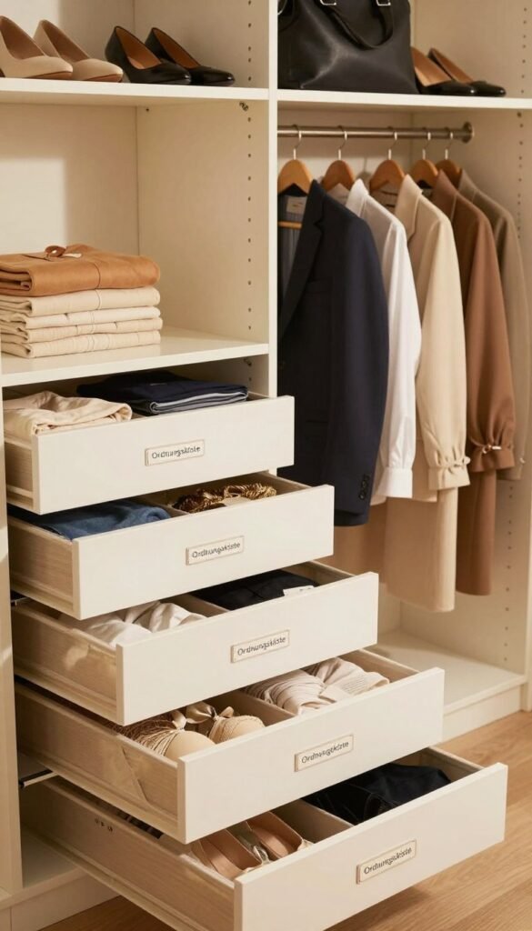A beautifully organized closet showcasing a variety of efficient organizers from the brand "Ordnungskiste". In the foreground, neatly arranged drawers and storage bins display folded clothes and accessories, with labels for easy identification. In the middle, a rack holds a selection of garments in professional attire, highlighting a well-structured wardrobe. The background features softly lit shelves filled with shoes and bags, enhancing the atmosphere of organization. Use warm, natural colors to create a cozy and inviting ambiance reminiscent of Pinterest aesthetics, showcasing the effectiveness of closet organization. Soft lighting casts gentle shadows, emphasizing depth, and the scene is captured from a slightly elevated angle to provide a comprehensive overview of the closet's structure. The image should reflect authentic organization without any text or distractions.