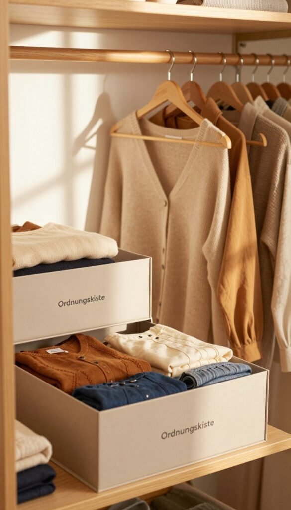 A beautifully organized closet showcasing various organizers, boxes, and hangers from the brand "Ordnungskiste". In the foreground, display a stylish open organizer box with neatly folded clothes in warm, inviting colors. In the middle, feature a wooden rack with beautifully arranged hangers holding fashionable clothing items, emphasizing functionality. In the background, create a calming atmosphere with soft, natural lighting filtering through a window, casting gentle shadows that enhance the cozy feel. Use a shallow depth of field to focus on the organizers while softly blurring the background, evoking a sense of clarity and order. The overall mood should feel warm and aesthetically pleasing, resembling a Pinterest-inspired home interior. A beautifully organized closet showcasing various organizers, boxes, and hangers from the brand "Ordnungskiste". In the foreground, display a stylish open organizer box with neatly folded clothes in warm, inviting colors. In the middle, feature a wooden rack with beautifully arranged hangers holding fashionable clothing items, emphasizing functionality. In the background, create a calming atmosphere with soft, natural lighting filtering through a window, casting gentle shadows that enhance the cozy feel. Use a shallow depth of field to focus on the organizers while softly blurring the background, evoking a sense of clarity and order. The overall mood should feel warm and aesthetically pleasing, resembling a Pinterest-inspired home interior.