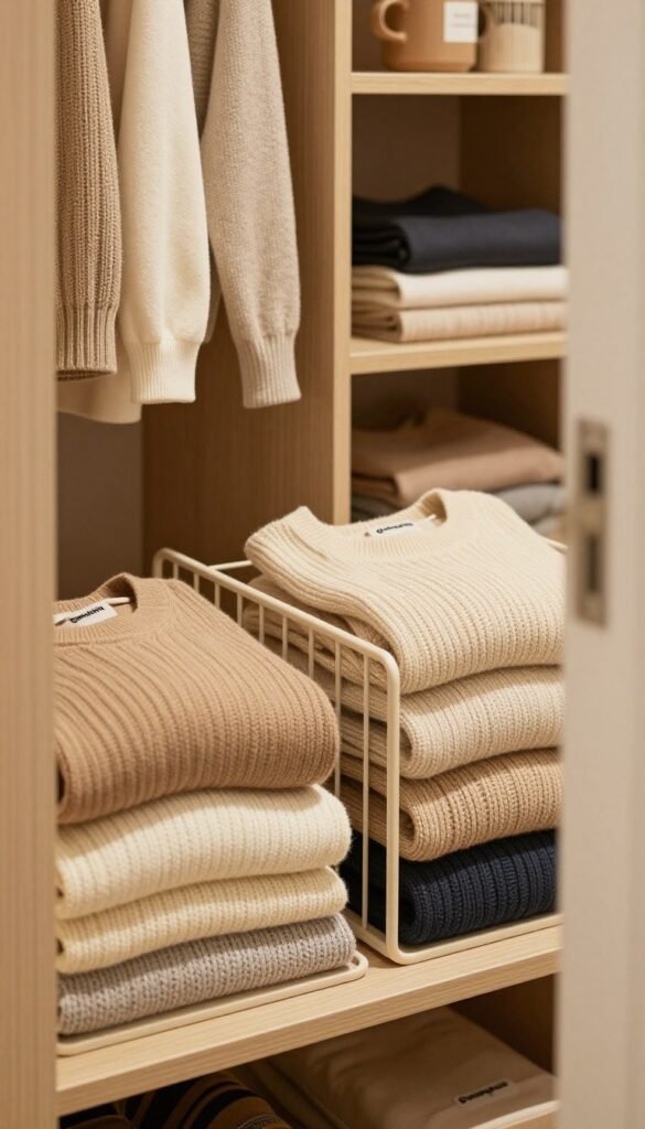 A beautifully organized closet space featuring "Ordnungskiste" brand regaltrenner pullover in a warm, natural color palette. The foreground showcases neatly stacked sweaters, with the regaltrenner acting as a divider, preventing them from toppling over. In the middle, a soft light filters through an open closet door, highlighting the textures of the fabric and the craftsmanship of the regaltrenner. The background includes other neatly arranged clothing items and accessories, all harmoniously placed to evoke a sense of tranquility and order. The overall atmosphere is inviting and calm, capturing a Pinterest-worthy aesthetic without any text or distractions, demonstrating effective space management and stylish organization.