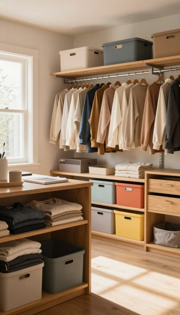 A beautifully organized closet space showcasing a variety of Ordnungskiste products, each placed strategically to highlight their functionality. In the foreground, stylish wooden shelves display neatly folded clothes and colorful storage bins, all in warm, inviting tones. The middle ground features a well-arranged garment rack filled with meticulously hung garments in organized order. In the background, soft natural light filters through an open window, casting gentle shadows that enhance the cozy atmosphere. Use a wide-angle lens to capture the entire space, emphasizing the feeling of spaciousness. The overall mood is calm and harmonious, reflecting an elegant Pinterest-inspired aesthetic, perfect for illustrating effective organizational solutions without any text or additional elements. A beautifully organized closet space showcasing a variety of Ordnungskiste products, each placed strategically to highlight their functionality. In the foreground, stylish wooden shelves display neatly folded clothes and colorful storage bins, all in warm, inviting tones. The middle ground features a well-arranged garment rack filled with meticulously hung garments in organized order. In the background, soft natural light filters through an open window, casting gentle shadows that enhance the cozy atmosphere. Use a wide-angle lens to capture the entire space, emphasizing the feeling of spaciousness. The overall mood is calm and harmonious, reflecting an elegant Pinterest-inspired aesthetic, perfect for illustrating effective organizational solutions without any text or additional elements.