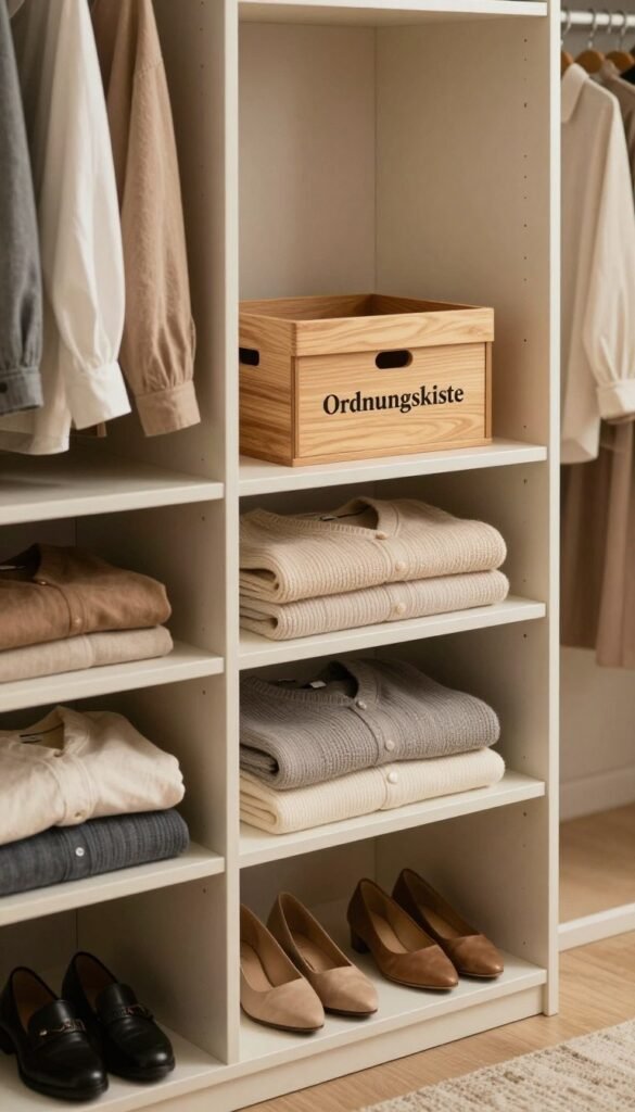 A beautifully organized closet with an emphasis on spatial efficiency, showcasing a variety of clothing items neatly arranged in sections. The foreground features a stylish open closet with neutral-colored shelving, where each section displays folded sweaters, hanging blouses, and neatly organized pairs of shoes. A cozy, warm lighting creates an inviting atmosphere, highlighting the textures of the clothes. In the middle ground, an attractive wooden storage box labeled “Ordnungskiste” sits gracefully on a shelf, symbolizing organization. The background has soft, blurred elements such as a neutral-toned wall and a soft rug beneath, enhancing the homely feel. The overall mood is orderly and serene, reflecting the principles of maximizing space in a closet. The image captures a warm, Pinterest-inspired aesthetic without any text, emphasizing cleanliness and organization. A beautifully organized closet with an emphasis on spatial efficiency, showcasing a variety of clothing items neatly arranged in sections. The foreground features a stylish open closet with neutral-colored shelving, where each section displays folded sweaters, hanging blouses, and neatly organized pairs of shoes. A cozy, warm lighting creates an inviting atmosphere, highlighting the textures of the clothes. In the middle ground, an attractive wooden storage box labeled “Ordnungskiste” sits gracefully on a shelf, symbolizing organization. The background has soft, blurred elements such as a neutral-toned wall and a soft rug beneath, enhancing the homely feel. The overall mood is orderly and serene, reflecting the principles of maximizing space in a closet. The image captures a warm, Pinterest-inspired aesthetic without any text, emphasizing cleanliness and organization.