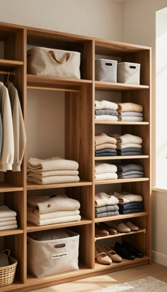 A beautifully organized clothing storage system featuring an array of stylish and functional open shelving units. In the foreground, showcase a sleek, modern wardrobe made of sustainable wood, displaying neatly folded sweaters and strategically placed baskets labeled 'Ordnungskiste'. The middle ground should include different types of clothing organizers&mdash;fabric bins, hanging shelves, and shoe racks&mdash;arranged harmoniously. The background features warm, inviting tones with soft natural sunlight streaming through a window, casting gentle shadows that enhance the ambiance. The overall mood is calm and aesthetically pleasing, capturing the essence of an organized space in an elegant, Pinterest-inspired style. Emphasize the materials and textures of the fabric and wood, with a focus on simplicity and functionality.