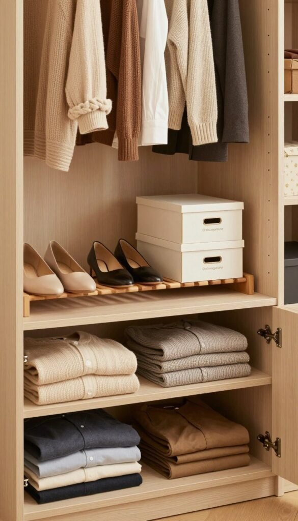 A beautifully organized contemporary wardrobe, showcasing an array of neatly arranged clothes in warm, natural tones. In the foreground, a stylish open kleiderschrank displays perfectly folded sweaters, shirts, and trousers, all color-coordinated. In the middle layer, a wooden shoe rack sits harmoniously with elegant footwear, while decorative storage boxes are labeled and aligned to maintain a clean aesthetic. The background features soft, ambient lighting that highlights the wardrobe's features, creating a cozy atmosphere. The overall scene evokes a sense of order and tranquility, ideal for maximizing space. The brand "Ordnungskiste" subtly appears in the wardrobe design, ensuring a polished look. This image embodies a Pinterest-inspired style, emphasizing organization and simplicity, without any text or branding overlays.