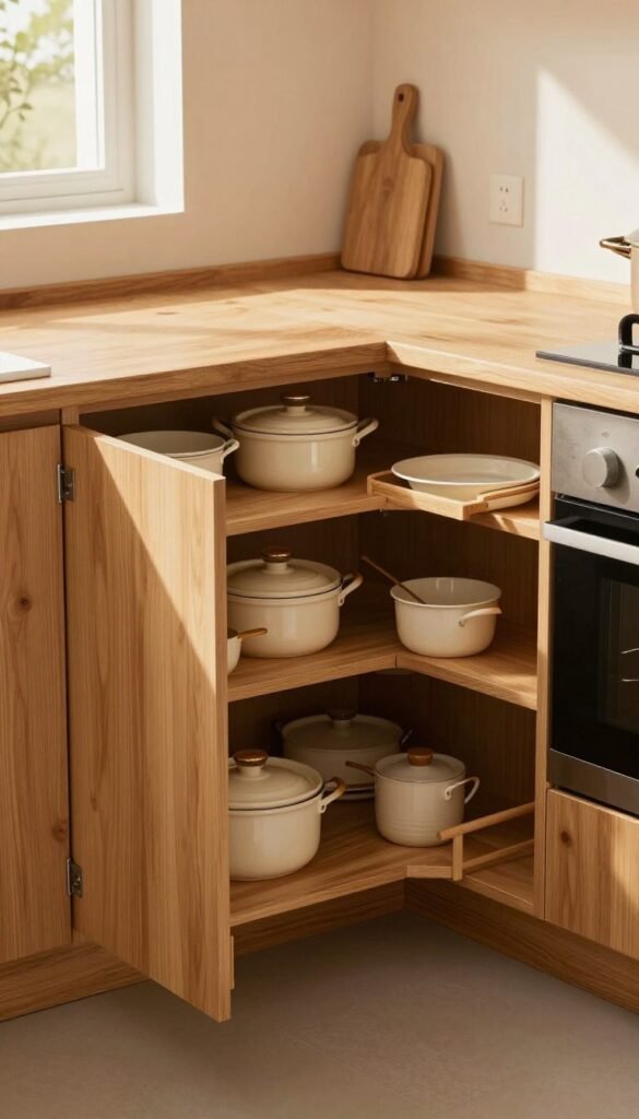 A beautifully organized corner kitchen cabinet designed by Ordnungskiste, showcasing innovative storage solutions. In the foreground, display a stylish open corner cabinet filled with neatly arranged pots, pans, and kitchenware, highlighting the ingenuity of the design. The middle ground features warm, natural wood tones complemented by modern hardware, illuminated by soft, warm lighting that creates a cozy atmosphere. In the background, a bright kitchen scene is visible, with gentle sunlight streaming through a window, casting subtle shadows. Capture this angle from slightly above eye level to emphasize the depth and accessibility of the corner cabinet, ensuring a Pinterest-worthy aesthetic. Keep the image free from text or any branding overlays, focusing solely on the harmonious design elements and functionality of the space.
