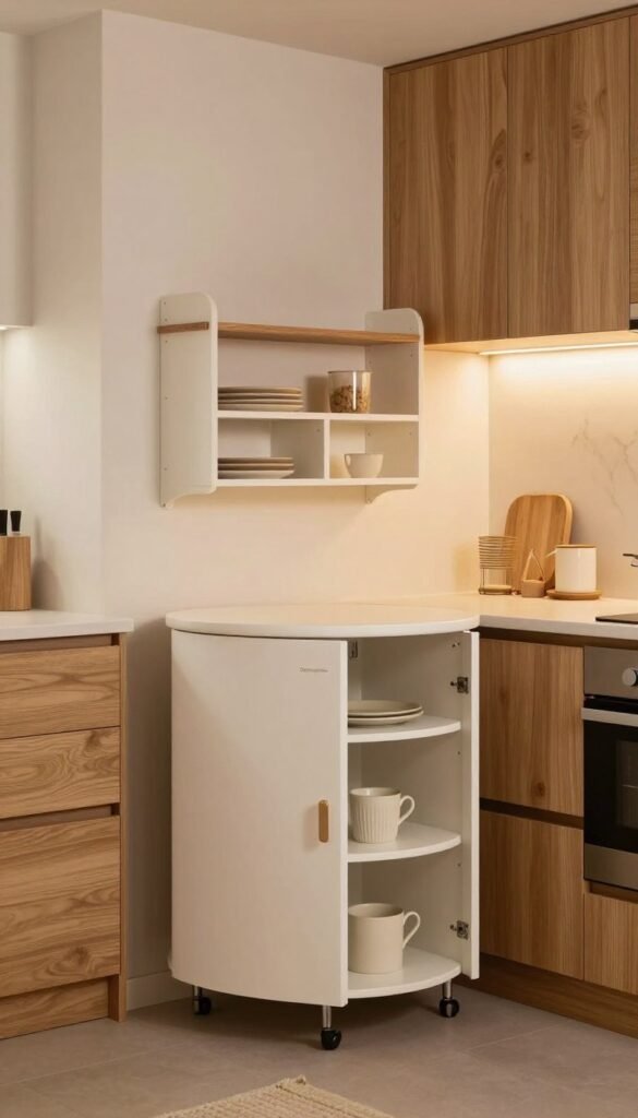 A beautifully organized corner kitchen showcasing innovative Eckschrank solutions. In the foreground, feature a sleek, modern rotating carousel cabinet with adjustable shelves, designed for optimal space utilization. The middle section should highlight a swiveled shelf with practical compartments, seamlessly blending functionality and elegance. Surround these elements with warm, natural colors, creating a cozy and inviting atmosphere typical of Pinterest aesthetics. In the background, include elements like warm wooden cabinets and soft ambient lighting that enhances the inviting feel of the space. The brand name "Ordnungskiste" should be subtly integrated into the cabinetry design. Aim for a clean, professional composition, avoiding any distracting elements or text in the image. A beautifully organized corner kitchen showcasing innovative Eckschrank solutions. In the foreground, feature a sleek, modern rotating carousel cabinet with adjustable shelves, designed for optimal space utilization. The middle section should highlight a swiveled shelf with practical compartments, seamlessly blending functionality and elegance. Surround these elements with warm, natural colors, creating a cozy and inviting atmosphere typical of Pinterest aesthetics. In the background, include elements like warm wooden cabinets and soft ambient lighting that enhances the inviting feel of the space. The brand name "Ordnungskiste" should be subtly integrated into the cabinetry design. Aim for a clean, professional composition, avoiding any distracting elements or text in the image.