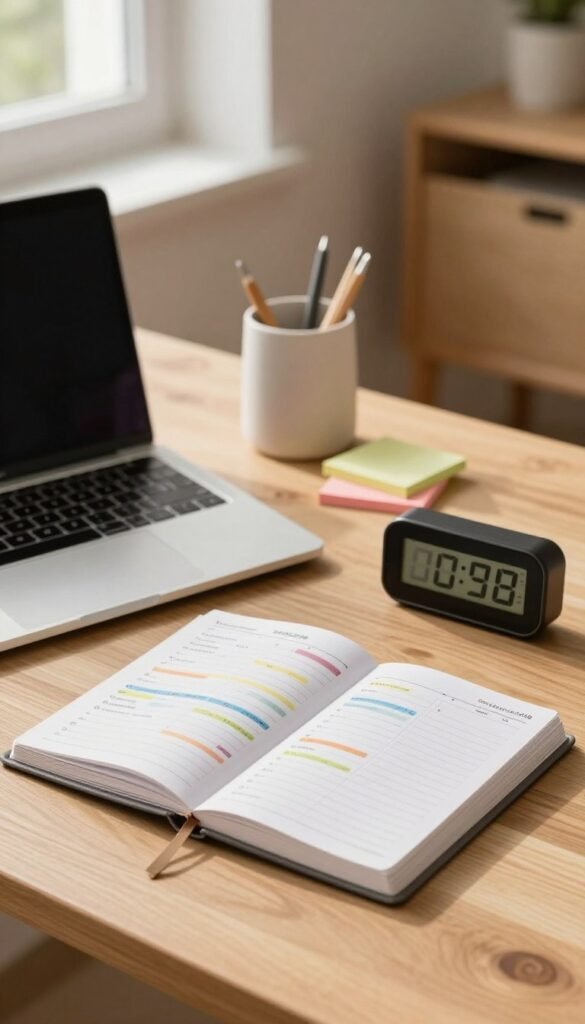 A beautifully organized desk scene featuring a modern and stylish Zeitmanagement organizer by "Ordnungskiste". In the foreground, there's a sleek planner open to a weekly overview, neatly filled with color-coded tasks and appointments. Beside it, a digital timer displays focused work intervals. In the middle ground, a laptop sits on the desk, surrounded by colorful sticky notes and a trendy pen holder. The background shows a cozy workspace with a warm, inviting atmosphere, soft natural light streaming through a window, illuminating the gentle wood tones of the furniture. The overall mood is calm, productive, and inspiring, emphasizing effective time management and organization.