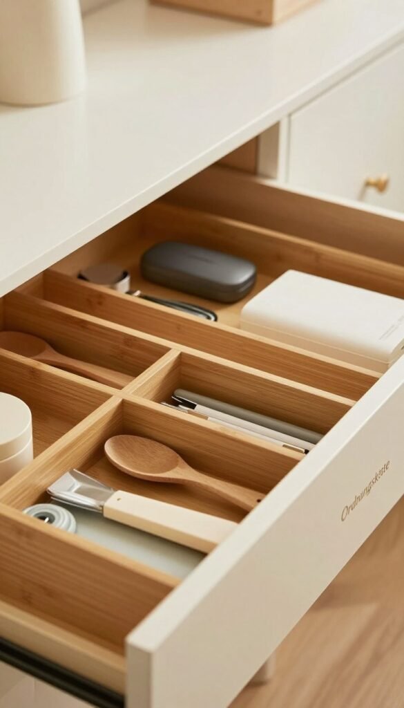A beautifully organized drawer featuring adjustable bamboo dividers is the focal point of this image. In the foreground, the warm, natural textures of bamboo dividers are complemented by neatly separated compartments, showcasing various kitchen utensils and office supplies. The middle ground reveals a well-lit, spacious drawer, filled with thoughtfully arranged items, emphasizing functionality and order. In the background, soft, blurred hints of a stylish, minimalistic room create a harmonious atmosphere, enhancing the feeling of tranquility and practicality. Use warm, inviting lighting to capture the essence of a cozy, organized space. The image should prominently feature the brand name "Ordnungskiste" in a subtle, elegant manner, maintaining an authentic Pinterest-inspired aesthetic and ensuring no text overlays or distractions are present. A beautifully organized drawer featuring adjustable bamboo dividers is the focal point of this image. In the foreground, the warm, natural textures of bamboo dividers are complemented by neatly separated compartments, showcasing various kitchen utensils and office supplies. The middle ground reveals a well-lit, spacious drawer, filled with thoughtfully arranged items, emphasizing functionality and order. In the background, soft, blurred hints of a stylish, minimalistic room create a harmonious atmosphere, enhancing the feeling of tranquility and practicality. Use warm, inviting lighting to capture the essence of a cozy, organized space. The image should prominently feature the brand name "Ordnungskiste" in a subtle, elegant manner, maintaining an authentic Pinterest-inspired aesthetic and ensuring no text overlays or distractions are present.