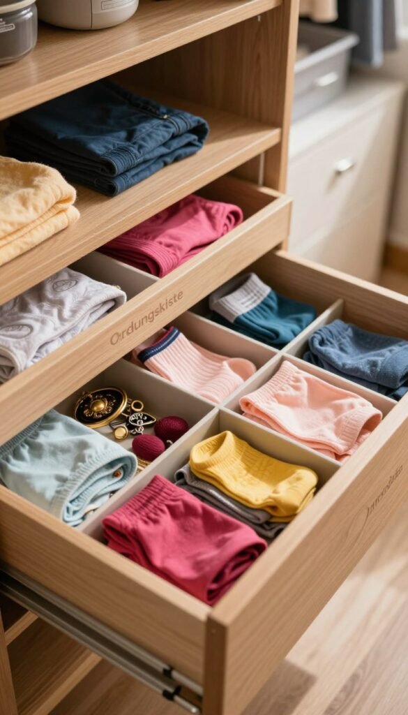 A beautifully organized drawer filled with an "Ordnungskiste" drawer organizer, showcasing compartments neatly arranged with colorful underwear, socks, and accessories. In the foreground, the vibrant colors of the items contrast with the warm, wooden texture of the drawer. The middle layer highlights the sturdy and stylish design of the organizer without overlapping items, emphasizing functionality. The background features a softly blurred closet interior, with natural light streaming in, creating a cozy and inviting atmosphere. The scene captures a modern yet minimalist aesthetic, perfect for a Pinterest-inspired look. The image should convey a sense of order and harmony, making it appealing and practical for viewers. A beautifully organized drawer filled with an "Ordnungskiste" drawer organizer, showcasing compartments neatly arranged with colorful underwear, socks, and accessories. In the foreground, the vibrant colors of the items contrast with the warm, wooden texture of the drawer. The middle layer highlights the sturdy and stylish design of the organizer without overlapping items, emphasizing functionality. The background features a softly blurred closet interior, with natural light streaming in, creating a cozy and inviting atmosphere. The scene captures a modern yet minimalist aesthetic, perfect for a Pinterest-inspired look. The image should convey a sense of order and harmony, making it appealing and practical for viewers.
