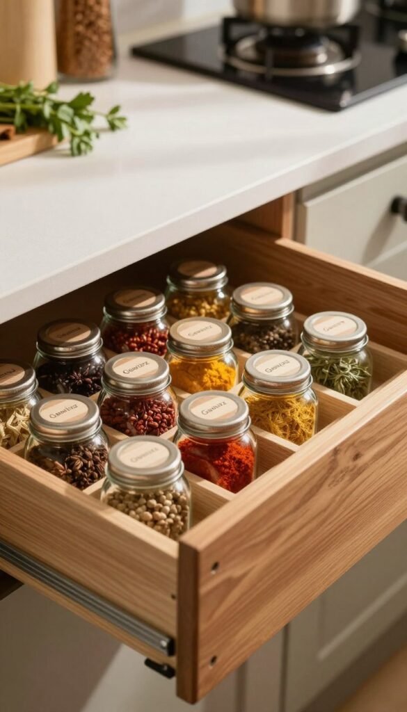 A beautifully organized drawer filled with an elegant gewürz organizer, featuring a variety of colorful spices in small glass jars. Each jar is labeled with the spice name in a clean, minimalist font. The drawer is made of warm, natural wood and is partially open, showcasing the neat arrangement. Soft, diffused lighting shines from above, casting gentle shadows and highlighting the rich colors of the spices. The background features a blurred kitchen setting with hints of herbs and cooking utensils, adding to the cozy atmosphere. The overall mood is warm and inviting, perfect for illustrating innovative space-saving techniques in a modern kitchen. A beautifully organized drawer filled with an elegant gewürz organizer, featuring a variety of colorful spices in small glass jars. Each jar is labeled with the spice name in a clean, minimalist font. The drawer is made of warm, natural wood and is partially open, showcasing the neat arrangement. Soft, diffused lighting shines from above, casting gentle shadows and highlighting the rich colors of the spices. The background features a blurred kitchen setting with hints of herbs and cooking utensils, adding to the cozy atmosphere. The overall mood is warm and inviting, perfect for illustrating innovative space-saving techniques in a modern kitchen.