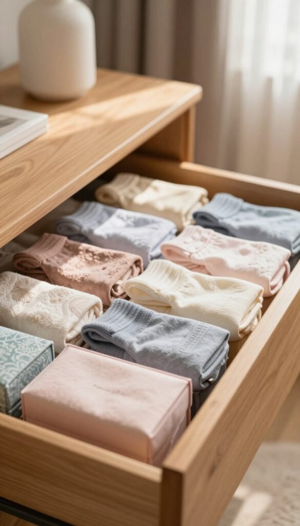 A beautifully organized drawer filled with elegant "Ordnungskiste" boxes designed for storing delicate underwear and socks. In the foreground, colorful fabric boxes sit neatly, showcasing intricate textures and patterns, hinting at their purpose. The middle ground features a spacious wooden drawer, partially open, revealing a subtle array of soft, pastel-colored items gracefully folded within. The background captures a softly blurred, inviting bedroom ambiance with warm natural lighting filtering through a nearby window, casting soft shadows and enhancing the warm color palette. The mood is calm and orderly, evoking a sense of tranquility and practicality in personal organization. No people are present in the scene, ensuring focus on the products and their arrangement.