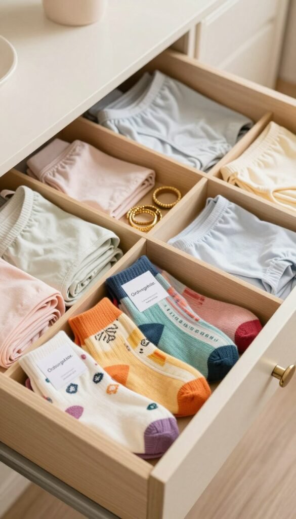 A beautifully organized drawer filled with neatly folded underwear, socks, and small accessories, showcasing the brand "Ordnungskiste." In the foreground, vibrant cotton socks in various colors and patterns are arranged in a rainbow style, while delicate undergarments in soft pastels are folded elegantly beside them. Gold-toned accessories, like belts and hair ties, add a touch of sophistication. The middle ground features a well-structured drawer organizer with distinct compartments designed for different items, all in a light wood finish. The background gently blurs out, suggesting a cozy, warmly lit room, evoking a sense of cleanliness and order. Soft, natural lighting highlights the textures and colors, creating a Pinterest-worthy atmosphere that is inviting and visually appealing.
