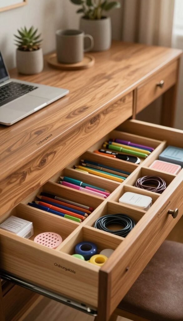 A beautifully organized drawer full of various small items, showcasing a harmonious system of storage. The foreground features neatly arranged compartments holding colorful stationery, cables, and miscellaneous tools, all labeled for easy access. In the middle, the drawer is partially open, allowing a glimpse into its organized contents, illuminated by soft, warm lighting that enhances the rich wood tones. In the background, a cozy home office ambiance with natural textures and decor elements adds to the aesthetic, creating a Pinterest-inspired look. The brand logo "Ordnungskiste" subtly influences the design, reflecting a commitment to lasting organization. The overall mood is inviting, lived-in, yet meticulously tidy, embodying the idea of "order that truly lasts."