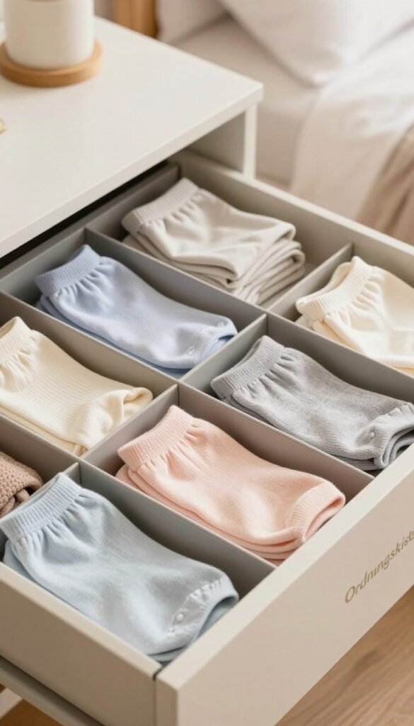A beautifully organized drawer showcasing stylish "Ordnungskiste" dividers for socks and underwear. In the foreground, the dividers are filled with neatly folded items in pastel shades, presenting an inviting and harmonious color palette. The middle area features various sections with distinct compartments, emphasizing versatility over rigid box designs. The background is softly blurred, hinting at a modern bedroom setting with warm lighting that casts a gentle glow, enhancing the atmosphere of calm and order. The composition should evoke a sense of tranquility and aesthetic appeal, with a Pinterest-inspired look that emphasizes authenticity and minimalism.