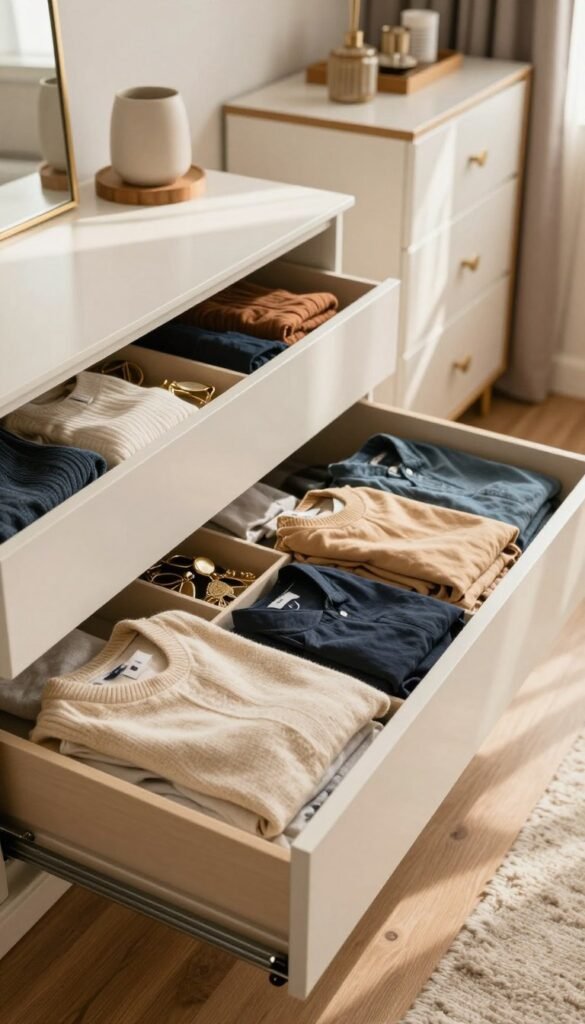 A beautifully organized dresser drawer filled with neatly folded clothing in warm, inviting colors, designed to showcase a perfect "Ordnungskiste". In the foreground, a close-up of an open drawer reveals various garments like sweaters, shirts, and accessories artfully arranged with dividers. The middle layer captures the overall ambiance of a cozy, well-decorated bedroom, with soft, natural light filtering through a nearby window that casts gentle shadows. In the background, a stylish, minimalist chest of drawers complements the scene, enhancing the sense of organization. The atmosphere is calm and inviting, evoking a sense of order amidst the typical chaos of daily life. The image should be free of any text or watermarks, ensuring an authentic Pinterest aesthetic.
