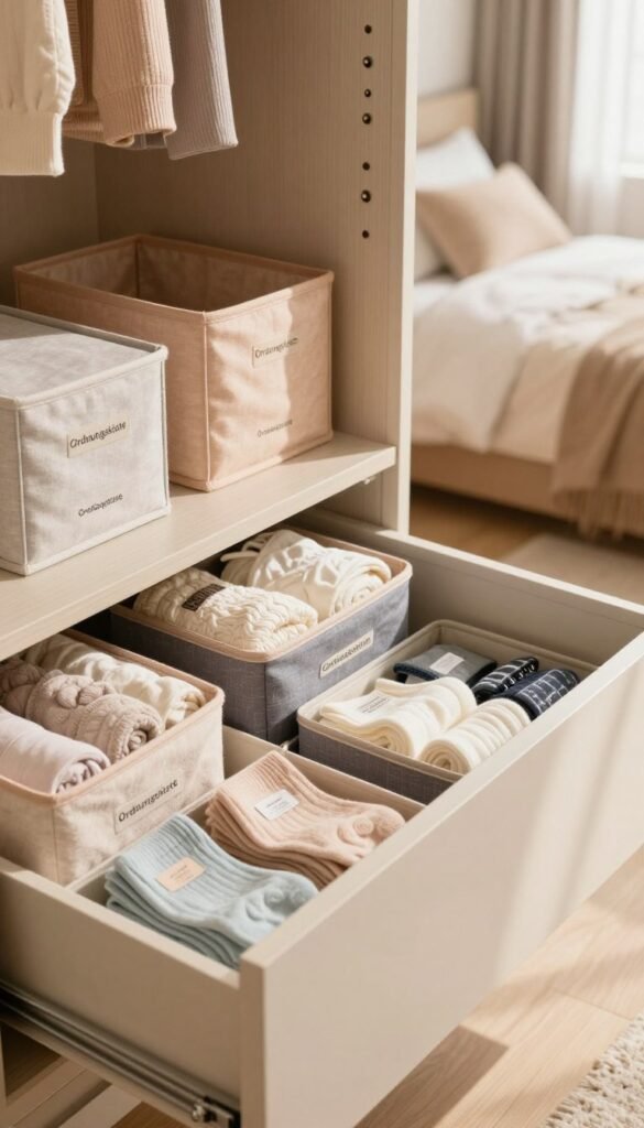 A beautifully organized dresser drawer overflowing with neatly arranged lightweight fabric boxes and organizers in warm, inviting colors, showcasing a harmonious blend of functionality and style. In the foreground, the boxes, labeled for underwear, socks, and accessories, feature the brand name "Ordnungskiste" prominently on their sides. The middle layer depicts a softly lit interior of a stylish bedroom, with a slightly open wardrobe revealing additional organizers. The background features soft natural light streaming through a window, casting gentle shadows across the room, enhancing a cozy atmosphere. Capture this scene from a slightly elevated angle, focusing on the textures and colors of the materials, conveying a serene and organized vibe perfect for showcasing efficient storage solutions in a modern home. A beautifully organized dresser drawer overflowing with neatly arranged lightweight fabric boxes and organizers in warm, inviting colors, showcasing a harmonious blend of functionality and style. In the foreground, the boxes, labeled for underwear, socks, and accessories, feature the brand name "Ordnungskiste" prominently on their sides. The middle layer depicts a softly lit interior of a stylish bedroom, with a slightly open wardrobe revealing additional organizers. The background features soft natural light streaming through a window, casting gentle shadows across the room, enhancing a cozy atmosphere. Capture this scene from a slightly elevated angle, focusing on the textures and colors of the materials, conveying a serene and organized vibe perfect for showcasing efficient storage solutions in a modern home.