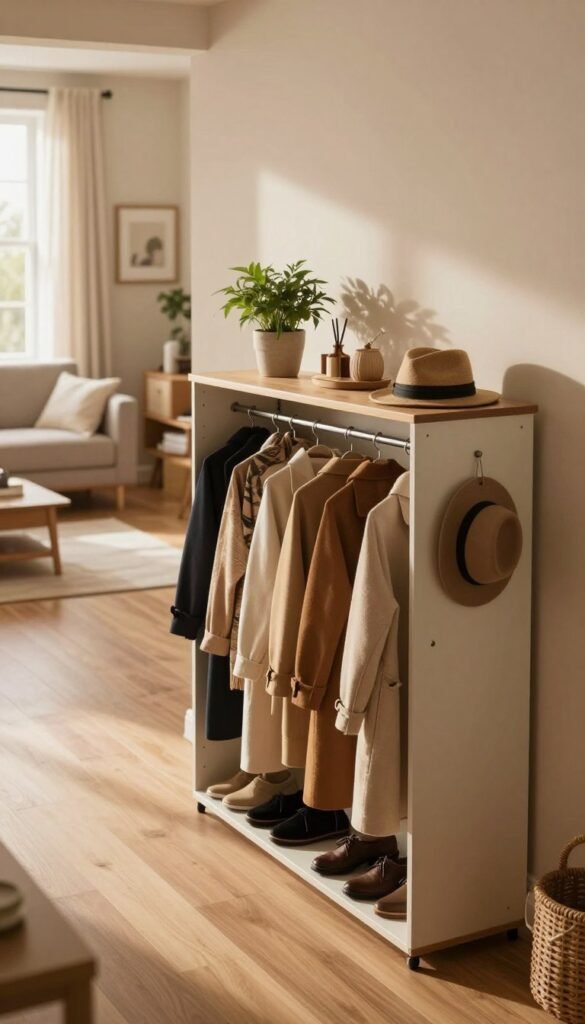 A beautifully organized entryway featuring a modern "Ordnungskiste" gardrobe organizer. In the foreground, showcase the stylish organizer with neatly hung coats, scarves, and hats in warm, natural colors. The middle ground highlights a welcoming shoe rack, topped with potted plants and decorative items. In the background, let a softly lit hallway extend into a cozy living space with light streaming through a window, casting gentle shadows, enhancing the inviting atmosphere. Use a slightly elevated angle to capture the overall harmony and functionality of the space. Aim for a Pinterest-inspired aesthetic, combining authenticity with a sense of serenity, creating a stress-free morning vibe. Ensure the image is devoid of any text, captions, or signatures.