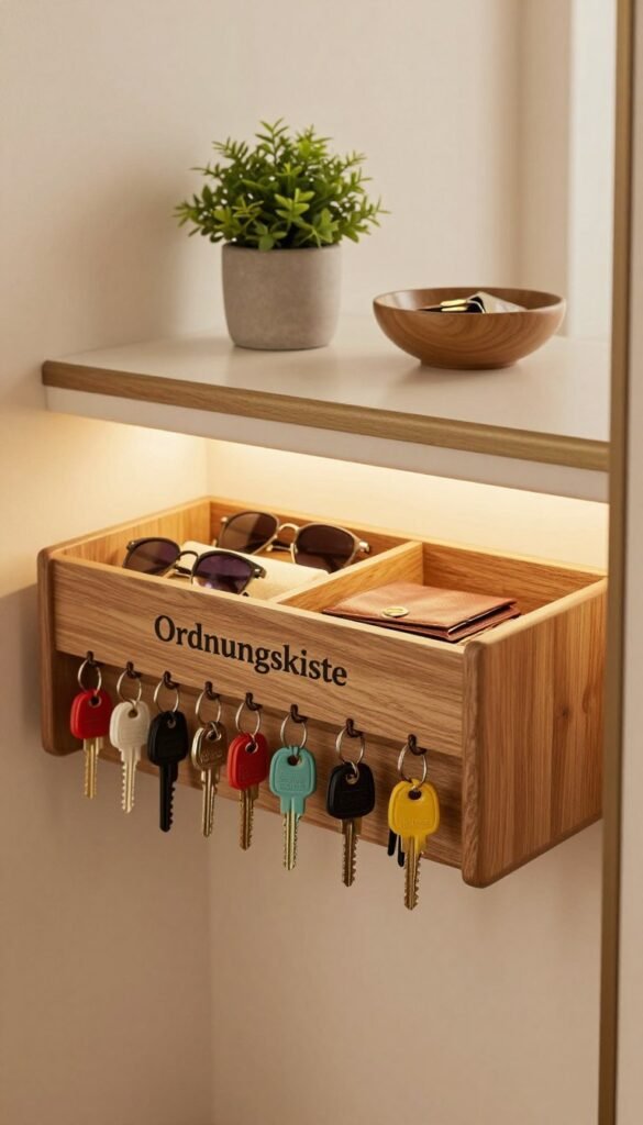 A beautifully organized entryway featuring a modern key holder labeled "Ordnungskiste" prominently displayed in the foreground. The key holder, crafted from natural wood with a warm, inviting finish, holds an array of colorful keys. In the middle ground, an aesthetically pleasing drawer organizer showcases neatly arranged miscellaneous items like sunglasses and a wallet, with soft lighting highlighting their textures. The background consists of a stylish console table adorned with a small potted plant and a decorative bowl for spare change, all set against a softly lit wall with warm tones. The atmosphere evokes a sense of calm and order, ideal for a home environment, capturing the essence of simplicity and functionality with a Pinterest-like aesthetic.