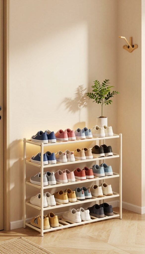 A beautifully organized entryway featuring a stylish "Ordnungskiste" shoe organizer that saves time in the morning. In the foreground, a modern and practical shoe rack is filled with various family shoes, neatly arranged by size and style. In the middle, subtle warm lighting highlights the rack against a soft, inviting wall color, creating a cozy atmosphere. In the background, a stylish coat hanger and a potted plant add a touch of life, reinforcing a Pinterest-inspired aesthetic. The scene captures a sense of harmony and functionality, with a focus on simplicity and organization. The overall mood is welcoming and efficient, evoking a clutter-free start to a busy day. No text or watermarks are present in the image.