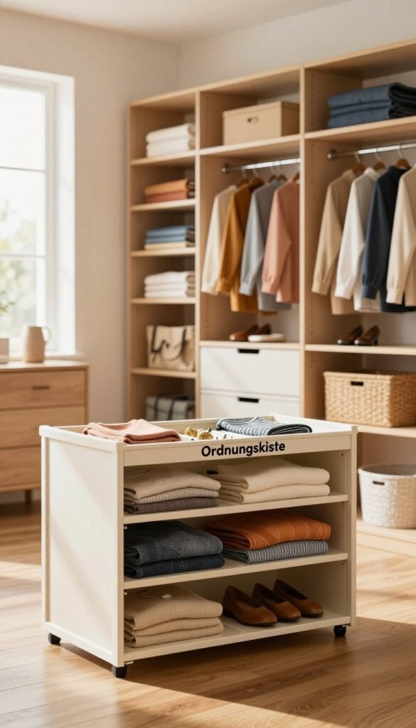 A beautifully organized family wardrobe featuring a variety of budget-friendly closet solutions. In the foreground, showcase a stylish "Ordnungskiste" with neatly folded clothes and neatly arranged accessories for easy access. The middle ground displays a spacious, modern wardrobe with open shelves, showcasing a blend of clothing items in warm, inviting colors. The background features a softly lit room with natural light streaming in from a large window, casting gentle shadows on the hardwood floor. The atmosphere is warm and welcoming, evoking a sense of organization and tidiness, perfect for family life. The overall aesthetic should resemble a Pinterest-inspired setup, emphasizing authenticity and practicality, without any text or distractions in the image.