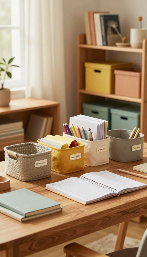 A beautifully organized family workspace featuring the brand &ldquo;Ordnungskiste&rdquo;. In the foreground, a stylish wooden desk neatly arranged with various organizational tools like baskets, labels, and planners in warm, inviting colors. In the middle ground, shelves filled with neatly stacked books and colorful storage boxes provide a cozy yet structured atmosphere. In the background, a soft window light filters through sheer curtains, casting a warm glow over the scene. The overall mood is calm and inspiring, ideal for promoting effective family organization. A subtle mix of natural materials and modern design enhances the authenticity of the image, ensuring it resonates with a Pinterest aesthetic, free from any text or distractions.