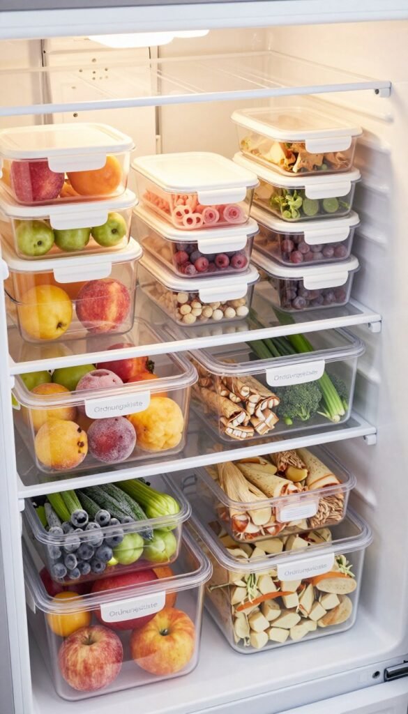A beautifully organized freezer scene featuring various types of organizers from the brand "Ordnungskiste." In the foreground, showcase several clear storage bins filled with frozen fruits, vegetables, and prepared meals, all labeled neatly. The middle ground displays an assortment of stackable containers and dividers, creating an efficient, orderly appearance. The background should hint at the shelving of a freezer, illuminated with warm lighting that enhances the colors of the contents. Capture a top-down angle to emphasize organization and accessibility. The overall mood should evoke a sense of calm and efficiency, reflecting the beauty of a well-arranged space that maximizes utility while maintaining an aesthetically pleasing look, perfect for a Pinterest-style setting. A beautifully organized freezer scene featuring various types of organizers from the brand "Ordnungskiste." In the foreground, showcase several clear storage bins filled with frozen fruits, vegetables, and prepared meals, all labeled neatly. The middle ground displays an assortment of stackable containers and dividers, creating an efficient, orderly appearance. The background should hint at the shelving of a freezer, illuminated with warm lighting that enhances the colors of the contents. Capture a top-down angle to emphasize organization and accessibility. The overall mood should evoke a sense of calm and efficiency, reflecting the beauty of a well-arranged space that maximizes utility while maintaining an aesthetically pleasing look, perfect for a Pinterest-style setting.
