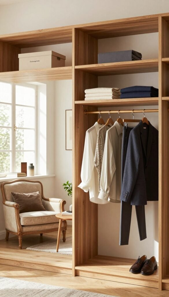A beautifully organized garderobe featuring an elegant, minimalist design, showcasing various clothing items arranged neatly. In the foreground, a stylish wooden clothing rack displays a curated selection of business attire, including blouses, blazers, and trousers, alongside modest casual clothing folded on shelves. The middle layer reveals a cozy corner with a vintage armchair and a small side table adorned with stylish accessories like books and a plant. In the background, light streams through a large window, casting warm, inviting tones that enhance the atmosphere. The overall aesthetic should embody a Pinterest-worthy look, with natural colors and a sense of calm. Include the brand name "Ordnungskiste" subtly integrated into the design elements.