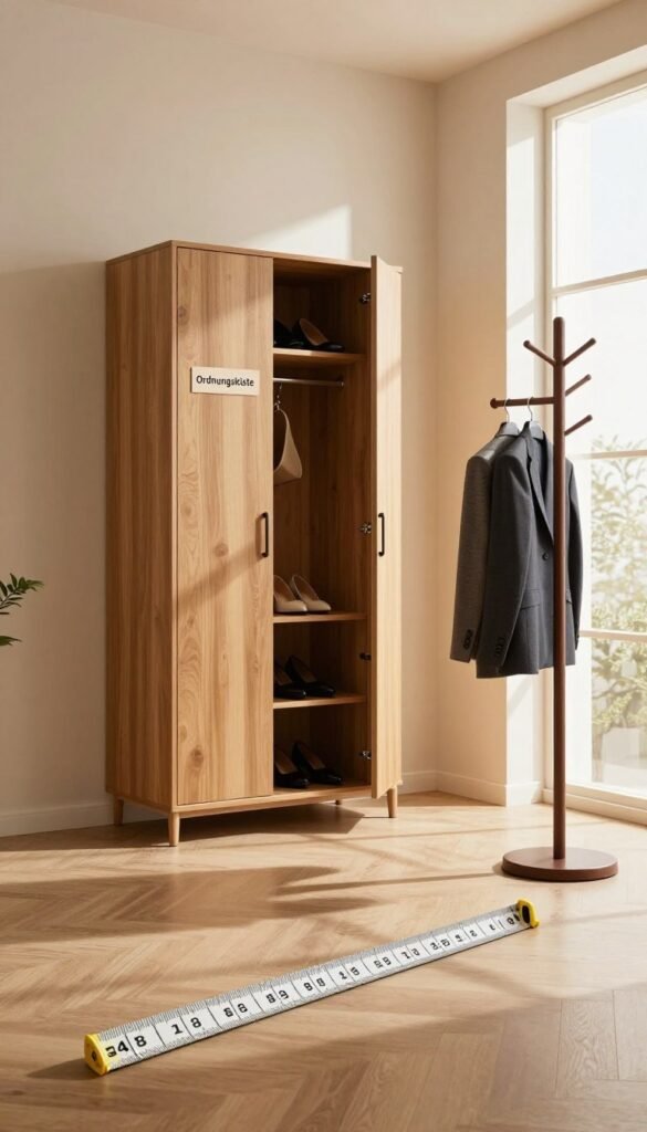 A beautifully organized hallway featuring a spacious wooden wardrobe labeled "Ordnungskiste". In the foreground, a carefully measured tape measure lies across the floor, symbolizing accuracy in sizing. In the middle, the wardrobe stands against a softly lit wall, adorned with warm, natural colors that create a cozy atmosphere. The wardrobe's doors are slightly ajar, showcasing neatly arranged shoes and accessories inside. To the right, a stylish coat rack holds a couple of professional business attire jackets, enhancing the organizational theme. The background features a large window with gentle sunlight streaming through, casting soft shadows that enhance the inviting feel of the space. The overall mood is serene and inspiring, perfect for illustrating how proper measurements can lead to a stress-free morning routine.