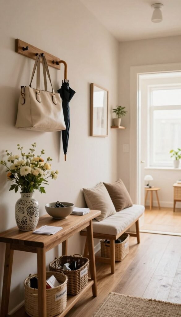 A beautifully organized hallway, showcasing a stylish, clutter-free entrance. In the foreground, an elegant wooden console table holds a decorative vase with fresh flowers, a stylish bowl for keys, and neatly arranged mail. On the wall, mounted hooks display pristine handbags and simple, modern umbrellas. In the middle ground, a cozy bench with plush cushions invites seating, while baskets labeled "Ordnungskiste" store miscellaneous items, keeping the area neat. The background features a softly lit door that opens to a bright, welcoming atmosphere. Warm, natural colors create an inviting mood, enhanced by soft, diffused lighting that highlights the textures of the hall. The scene radiates a sense of tranquility and order, perfect for a modern home.