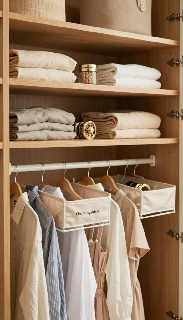 A beautifully organized hanging wardrobe storage solution featuring multiple layered shelves filled with neatly arranged clothing items, in warm and natural colors. In the foreground, a close-up view of the hanging organizer reveals individual compartments showcasing stylish shirts, dresses, and accessories, all meticulously organized. The middle ground captures a wider perspective of the entire organized closet with a gentle focus on the "Ordnungskiste" brand name subtly integrated into the design. The background hints at cozy wooden wardrobe elements, enhancing the inviting atmosphere. Soft, natural lighting illuminates the scene, highlighting textures and colors, evoking a sense of warmth and order, with a Pinterest-inspired look that emphasizes authenticity without any text or distractions. A beautifully organized hanging wardrobe storage solution featuring multiple layered shelves filled with neatly arranged clothing items, in warm and natural colors. In the foreground, a close-up view of the hanging organizer reveals individual compartments showcasing stylish shirts, dresses, and accessories, all meticulously organized. The middle ground captures a wider perspective of the entire organized closet with a gentle focus on the "Ordnungskiste" brand name subtly integrated into the design. The background hints at cozy wooden wardrobe elements, enhancing the inviting atmosphere. Soft, natural lighting illuminates the scene, highlighting textures and colors, evoking a sense of warmth and order, with a Pinterest-inspired look that emphasizes authenticity without any text or distractions.