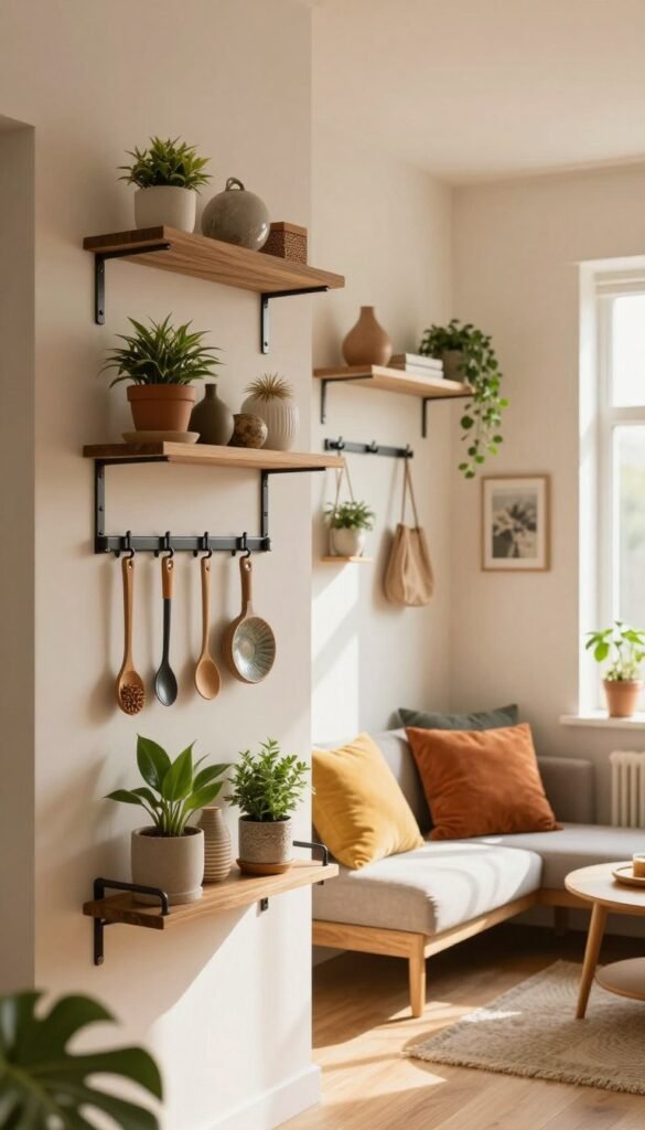 A beautifully organized home interior showcasing various innovative no-drill storage solutions. In the foreground, highlight stylish wall-mounted shelves made of wood and metal, displaying decorative items and plants, accompanied by adhesive hooks and rails holding tools and accessories. The middle ground features a compact living space with a cozy reading nook, adorned with vibrant cushions and a small side table. The background consists of a softly lit room with warm colors, emphasizing a minimalist aesthetic. Light streams in from a nearby window, creating an inviting atmosphere. Capture this scene in a natural, Pinterest-inspired style, emphasizing authenticity and warmth, with the brand name "Ordnungskiste" subtly placed among the storage items, yet without any text overlay.