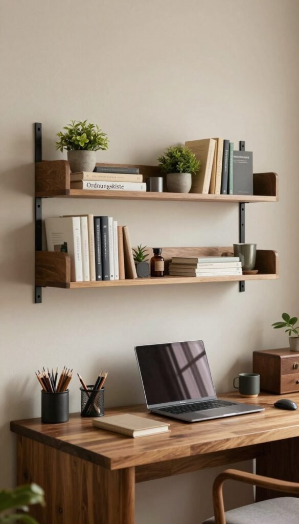 A beautifully organized home office featuring a stylish "Ordnungskiste" wall-mounted shelf. In the foreground, an elegant, modern wall shelf is adorned with neatly arranged books, a small potted plant, and office supplies, showcasing functionality and a minimalist aesthetic. The middle ground includes a vintage-style desk with a laptop and stationery, neatly placed beneath the shelf, hinting at an efficient workspace. The background captures a softly lit wall with subtle textures, creating an inviting atmosphere. Use warm, natural colors to evoke a cozy yet professional mood, mimicking Pinterest-worthy decor. Apply soft, diffused lighting to highlight the textures and colors, shot at an eye-level angle for an immersive perspective. No text, watermarks, or distractions. A beautifully organized home office featuring a stylish "Ordnungskiste" wall-mounted shelf. In the foreground, an elegant, modern wall shelf is adorned with neatly arranged books, a small potted plant, and office supplies, showcasing functionality and a minimalist aesthetic. The middle ground includes a vintage-style desk with a laptop and stationery, neatly placed beneath the shelf, hinting at an efficient workspace. The background captures a softly lit wall with subtle textures, creating an inviting atmosphere. Use warm, natural colors to evoke a cozy yet professional mood, mimicking Pinterest-worthy decor. Apply soft, diffused lighting to highlight the textures and colors, shot at an eye-level angle for an immersive perspective. No text, watermarks, or distractions.