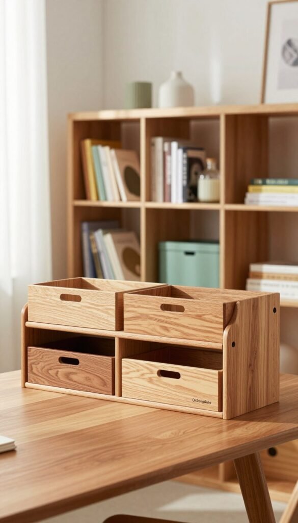 A beautifully organized home office space featuring stylish storage solutions that emphasize size, height, and depth. In the foreground, a sleek wooden desk with an elegant desktop organizer by "Ordnungskiste", showcasing a variety of storage boxes with warm, natural wood tones. In the middle ground, a well-structured shelving unit filled with neatly arranged books and decorative items, using vibrant yet soothing colors that evoke a sense of calm. The background has soft, diffused natural light streaming through a window, casting gentle shadows and illuminating the inviting workspace. Capture this setup with a slight tilt-angle lens for a dynamic perspective that highlights the practical aspects of the storage system, creating a Pinterest-worthy atmosphere that feels both modern and cozy. A beautifully organized home office space featuring stylish storage solutions that emphasize size, height, and depth. In the foreground, a sleek wooden desk with an elegant desktop organizer by "Ordnungskiste", showcasing a variety of storage boxes with warm, natural wood tones. In the middle ground, a well-structured shelving unit filled with neatly arranged books and decorative items, using vibrant yet soothing colors that evoke a sense of calm. The background has soft, diffused natural light streaming through a window, casting gentle shadows and illuminating the inviting workspace. Capture this setup with a slight tilt-angle lens for a dynamic perspective that highlights the practical aspects of the storage system, creating a Pinterest-worthy atmosphere that feels both modern and cozy.