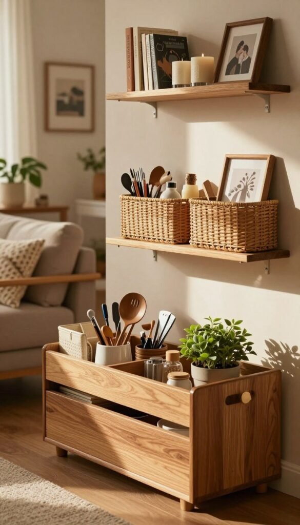A beautifully organized home setting showcasing clever storage solutions, emphasizing practicality and aesthetics. In the foreground, a stylish, wooden Ordnungskiste filled with neatly arranged household items like stationery, kitchen utensils, and small plants, reflecting a modern lifestyle. In the middle, various innovative storage ideas such as decorative baskets and wall-mounted shelves display books and decorative elements like candles and framed photos. The background features a warm, inviting living space with natural lighting filtering through a window, creating soft shadows that enhance the cozy atmosphere. The overall mood is serene and inspiring, perfect for showcasing effective daily storage solutions. The image should feel authentic, with a Pinterest-inspired aesthetic, rich, warm colors, and no text or watermarks. A beautifully organized home setting showcasing clever storage solutions, emphasizing practicality and aesthetics. In the foreground, a stylish, wooden Ordnungskiste filled with neatly arranged household items like stationery, kitchen utensils, and small plants, reflecting a modern lifestyle. In the middle, various innovative storage ideas such as decorative baskets and wall-mounted shelves display books and decorative elements like candles and framed photos. The background features a warm, inviting living space with natural lighting filtering through a window, creating soft shadows that enhance the cozy atmosphere. The overall mood is serene and inspiring, perfect for showcasing effective daily storage solutions. The image should feel authentic, with a Pinterest-inspired aesthetic, rich, warm colors, and no text or watermarks.
