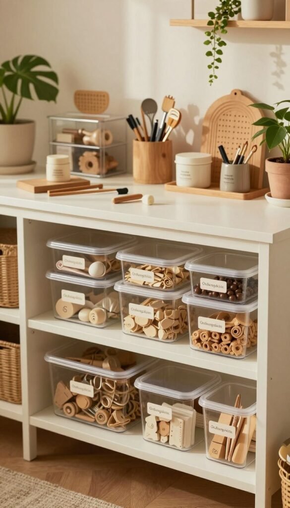 A beautifully organized home storage scene showcasing various products from the brand &ldquo;Ordnungskiste.&rdquo; In the foreground, a stylishly arranged shelf filled with clear containers and labeled bins, highlighting their practicality and aesthetic appeal. The middle ground features a neatly organized workspace with tools and supplies stored in elegant, functional ways. In the background, soft, warm lighting illuminates a cozy, inviting room decorated with plants and natural materials, enhancing the ambiance. The image captures a Pinterest-inspired look with a focus on authenticity, conveying a sense of calm and order. Utilize a soft focus lens to create a warm atmosphere, with a shallow depth of field to emphasize the storage solutions without distractions.