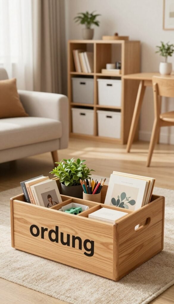 A beautifully organized household scene depicting "ordnung" with a warm color palette, reminiscent of Pinterest aesthetics. In the foreground, a stylish wooden Ordnungskiste storage box, neatly filled with various household items like books, plants, and art supplies, showcases an inviting and orderly lifestyle. The middle ground features a tastefully decorated living room with a cozy sofa, minimalist shelving units filled with labeled storage containers, and a serene atmosphere. In the background, soft natural light filters through sheer curtains, illuminating a simple yet elegant dining area. The overall mood is calm, organized, and inspiring, reflecting how everyday systems can reduce stress in household management. The composition should evoke a sense of tranquility and efficiency without any text, capturing the essence of an orderly home.