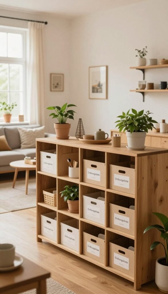 A beautifully organized indoor space, showcasing effective vertical storage solutions. The foreground features a stylish wooden shelving unit filled with neatly arranged boxes labeled "Ordnungskiste," plants, and decorative items. The middle ground shows a cozy living room area with minimalist furniture, complemented by soft, warm lighting creating a welcoming atmosphere. In the background, large windows let in natural light, illuminating the room and highlighting the harmony between practicality and aesthetics. The overall mood is calm and inspiring, emphasizing order and functionality without chaos. The style should reflect a Pinterest-worthy design, utilizing warm tones and an authentic, lived-in feel. Capture this scene from a slightly elevated angle to showcase spatial organization.