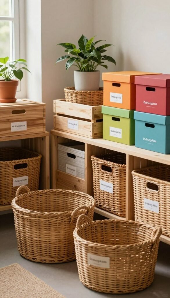 A beautifully organized keller storage space featuring a variety of woven baskets, wooden crates, and stackable boxes, all branded with the name "Ordnungskiste." In the foreground, a neatly arranged selection of baskets in warm, earthy tones offers a cozy and inviting atmosphere. The middle ground showcases sturdy wooden crates with labels for easy identification, while stackable boxes in vibrant colors add a playful touch. Soft, natural lighting filters through a nearby window, casting gentle shadows that enhance the textures of the materials. In the background, the walls are adorned with a few potted plants, bringing life to the organized space. The overall mood is calm and serene, reflecting an ideal environment for flexible storage solutions.
